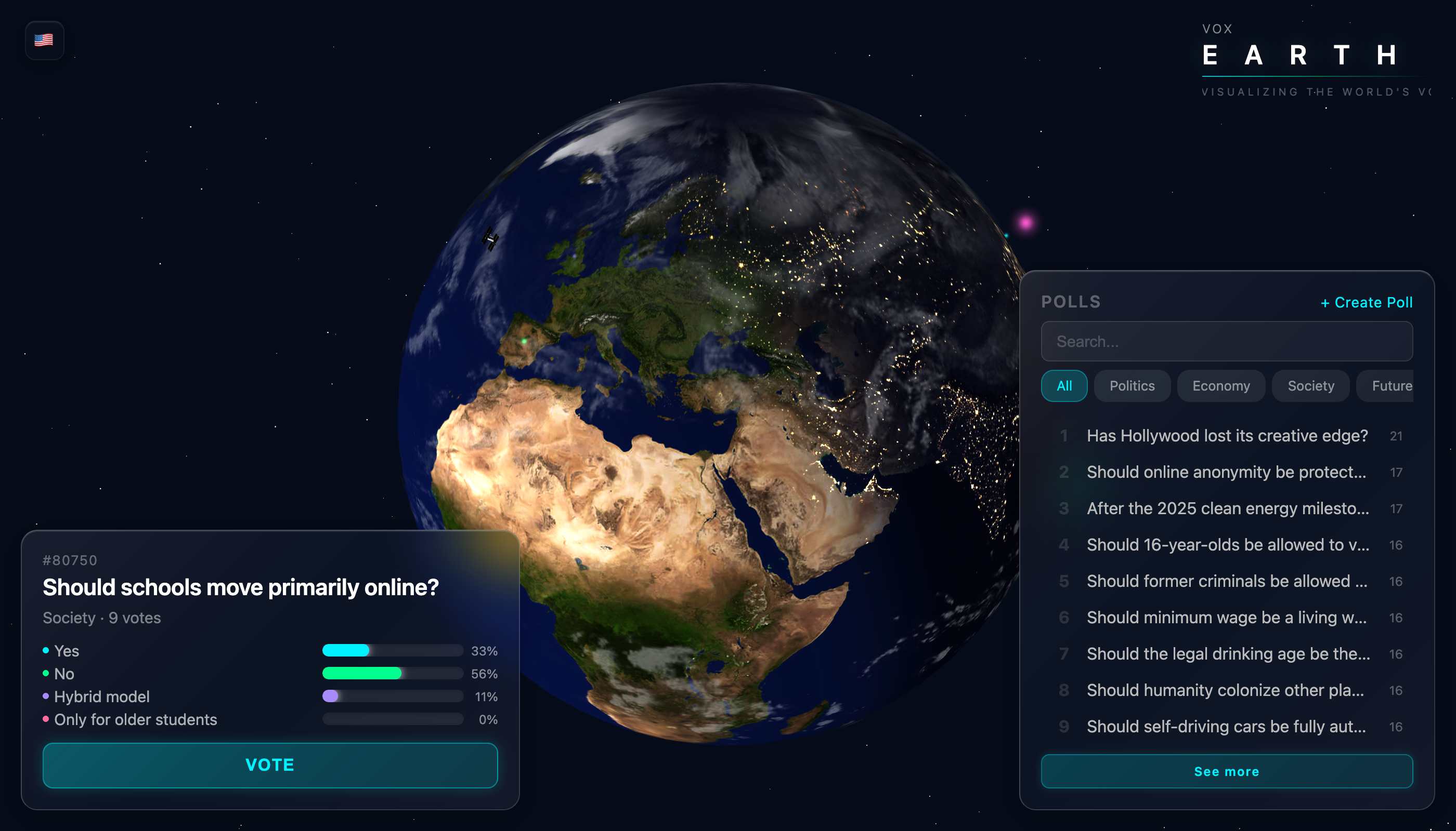 Vox Earth - Votes visualized on Earth in real time