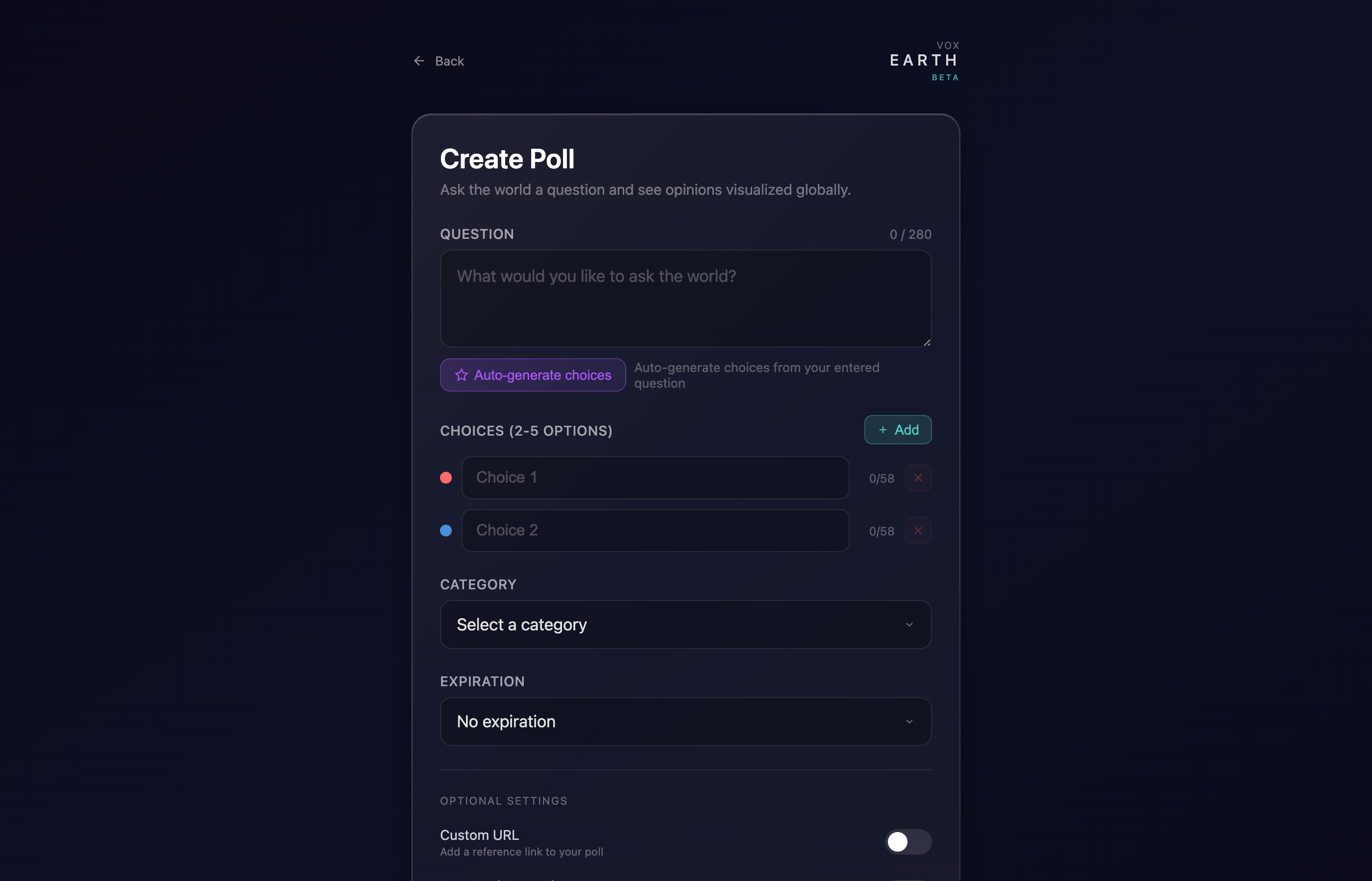 Vox Earth poll creation screen